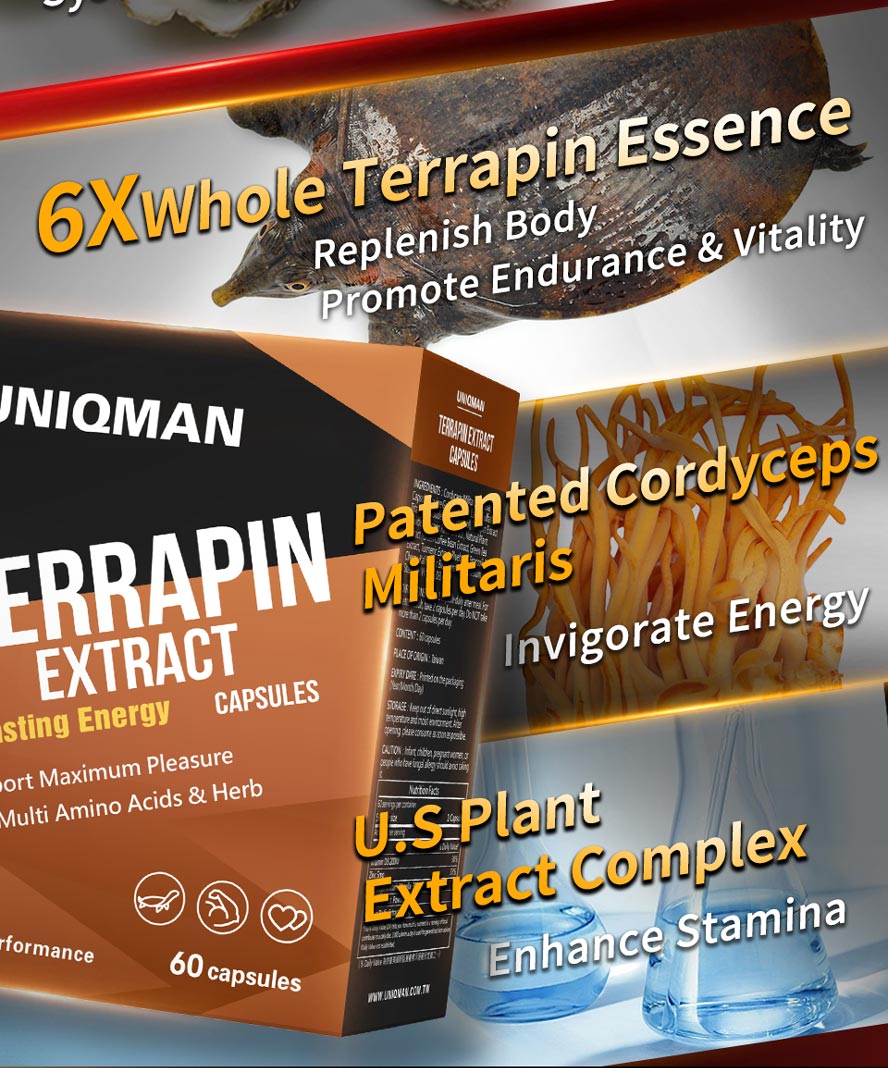 UNIQMAN Patented Terrapin Extract uses 6X whole terrapin extact, cordyceps militaris, and plant extract complex to replenish body and enhance stamina on bed performance.