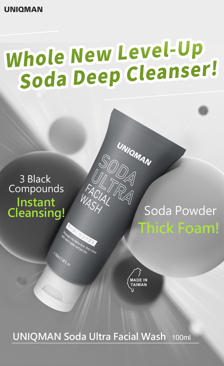 UNIQMAN Soda Ultra Wash has 3 ultimate black compounds to promote instant deep pore cleansing and exofliate excess oil and dirt, added with soda powder for thick foam. 