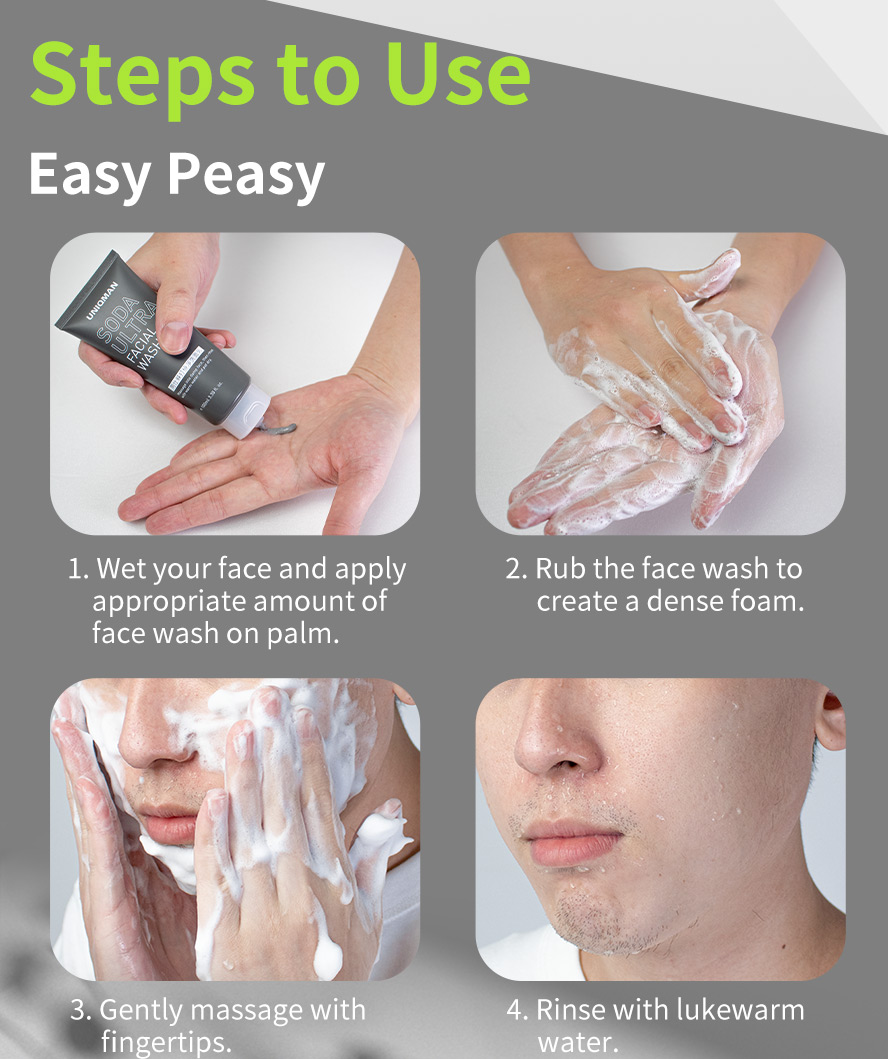 Enjoy comfortable face wash with UNIQMAN Soda Ultra Wash with dense foam and comfortable scent.