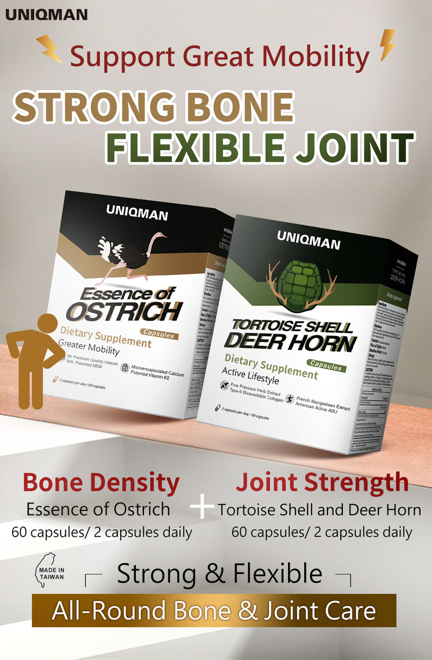 UNIQMAN Essence of Ostrich + Tortoise Shell and Deer Horn is a all-round bone and joint care for flexibility.