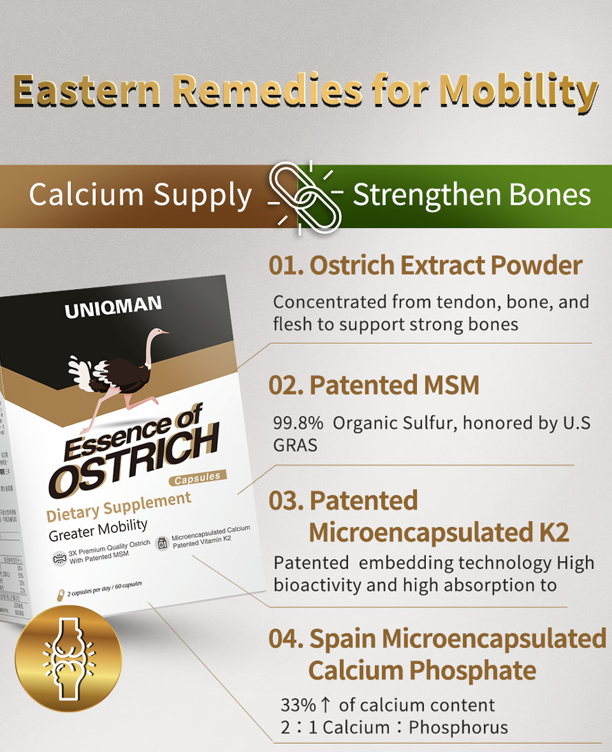 UNIQMAN Essence of Ostrich with patented MSM, K2, and calcium phosphate for strong bones